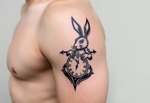 Tribal Rabbit holding a Clock tattoo idea