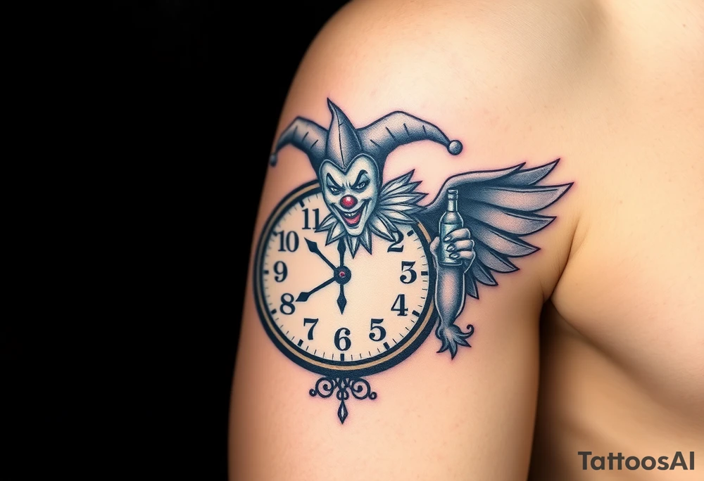 a jester clown floating in smoke with a  clock, the time says 420,  with two open wings besides the clock, smoke as the spring rising from the clock, a jester clown coming out the smoke, smoking in one hand with a liquor bottle on the other hand tattoo idea