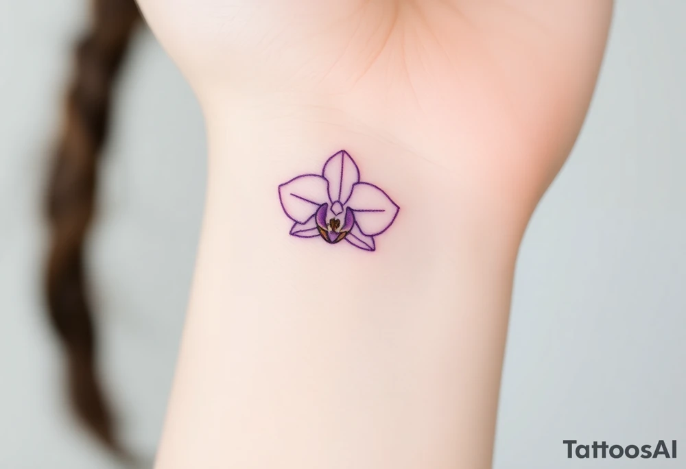 A tiny purple orchid outline, placed delicately behind the ear for a subtle yet elegant touch tattoo idea