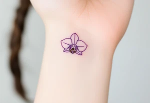 A tiny purple orchid outline, placed delicately behind the ear for a subtle yet elegant touch tattoo idea