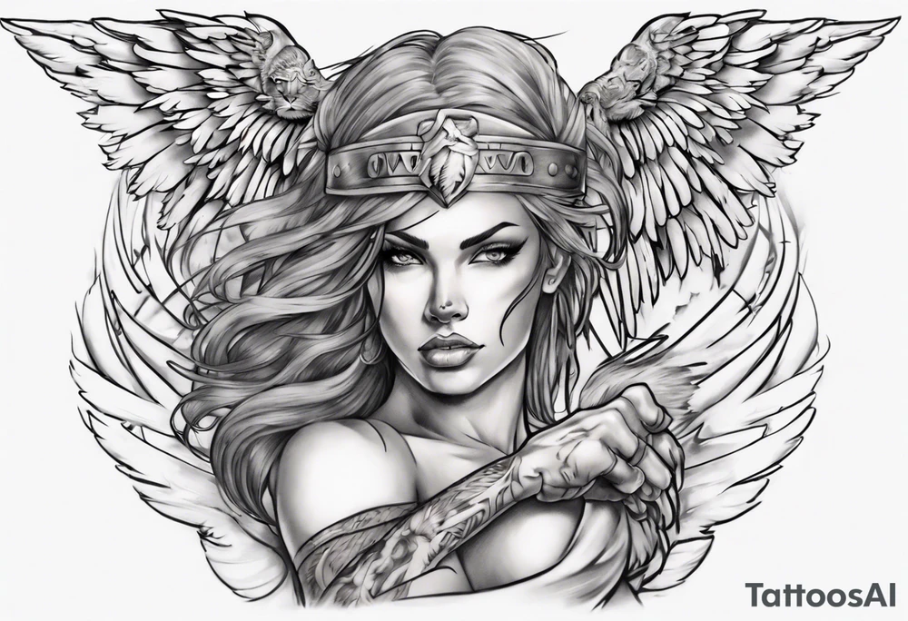 Full arm sleeve with a female Angel warrior at the top of the sleeve with her wings wrapped around the top half of the arm until the elbow. At the bottom of the sleeve a females face with a lion tattoo idea
