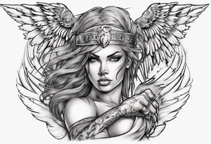 Full arm sleeve with a female Angel warrior at the top of the sleeve with her wings wrapped around the top half of the arm until the elbow. At the bottom of the sleeve a females face with a lion tattoo idea