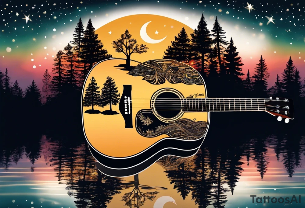 sideways black acoustic guitar made out of trees on one side with a reflection in a lake on the other side at night with a star and prayer hands on the body. tattoo idea
