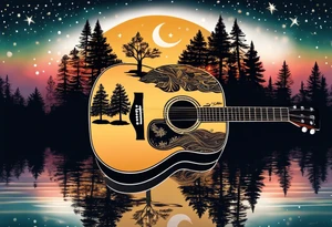 sideways black acoustic guitar made out of trees on one side with a reflection in a lake on the other side at night with a star and prayer hands on the body. tattoo idea