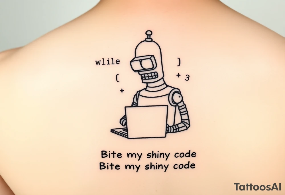 Minimalist black line art tattoo of a robot inspired by Bender from Futurama, typing on a small laptop. Around him, include subtle programming symbols like binary code, angle brackets, or 'while (true) {}'. Add a small humorous caption below: 'Bite my shiny code' in monospaced font. Designed for shoulder placement – clean and compact. tattoo idea