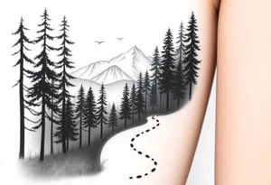 Winding path fading into misty forest, re-emerging toward distant mountains. Dark trees, bright peaks. Black and white, minimalist tattoo idea