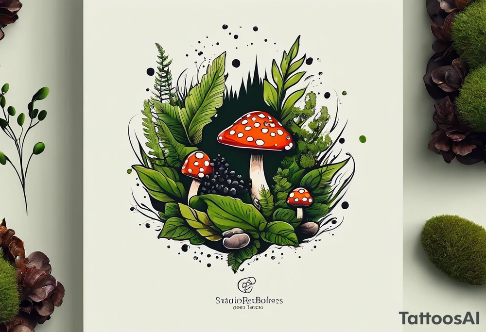 minimalistic forest floor inspired tattoo, which includes grass, moss, curly ferns and dead leaves as the bulk of the tattoo. details to include: forest berries, couple of very small brown mushrooms, a tiny bumblebee flying nearby tattoo idea
