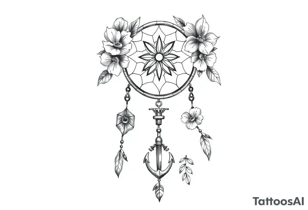 dream catcher with compass and anchor Beautiful flowers and boho like look tattoo idea