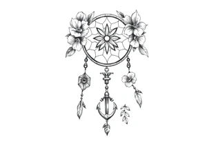 dream catcher with compass and anchor Beautiful flowers and boho like look tattoo idea