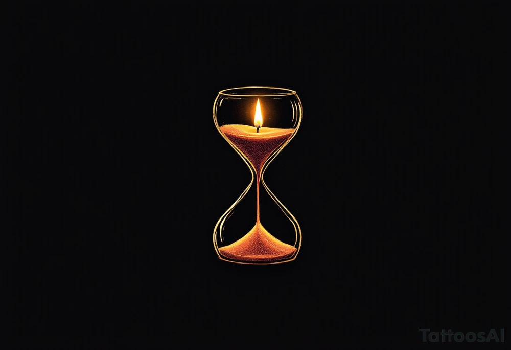 A candlelit hourglass, with melted wax forming numbers, glowing warmly against a dark background. tattoo idea