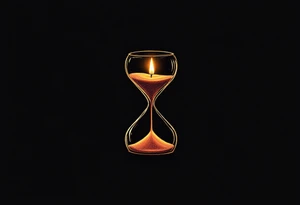 A candlelit hourglass, with melted wax forming numbers, glowing warmly against a dark background. tattoo idea