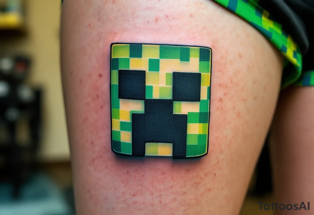 Small green Minecraft creeper head block smaller more vibrant colors tattoo idea