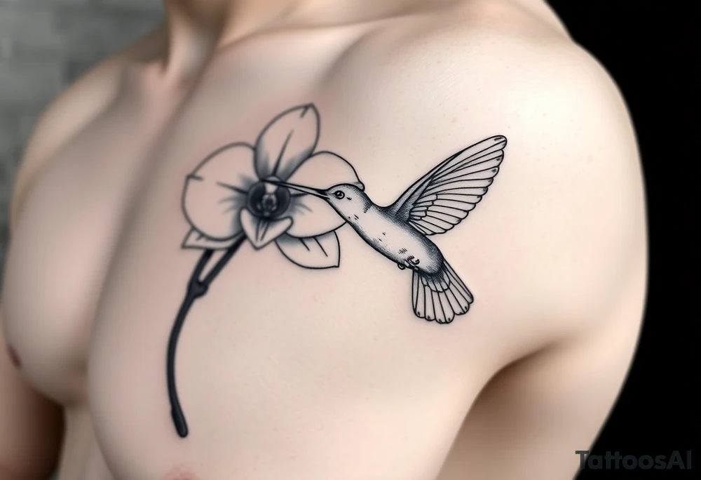 A delicate, black and white fine-line tattoo for make, featuring a gracefully detailed orchid in full bloom (stem and at least 2 flowers), with soft, intricate petals and elegant curves. Beside it, a hummingbird hovers mid-flight, its wings drawn with subtle motion lines, its slender beak reaching toward the orchid’s center to drink its nectar. The design captures a sense of balance and harmony, with the contrast between the stillness of the flower and the gentle energy of the bird. Perfectly suited for the upper arm, this piece combines nature’s beauty and movement in a timeless style tattoo idea