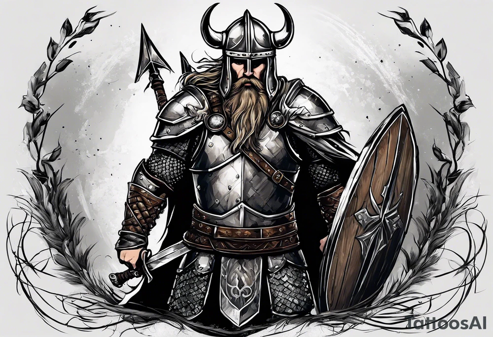 A Christian viking in armor except the helmet on the brink of death pierced with arrows propping himself up with his sword on a seemingly bleak battlefield while still looking up with hope tattoo idea