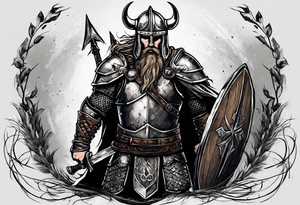 A Christian viking in armor except the helmet on the brink of death pierced with arrows propping himself up with his sword on a seemingly bleak battlefield while still looking up with hope tattoo idea