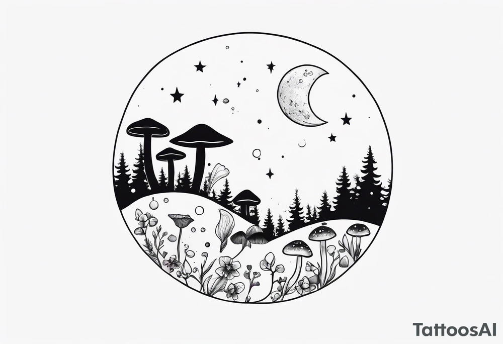moon with crystals, mushrooms tattoo idea