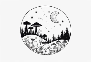 moon with crystals, mushrooms tattoo idea