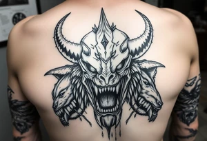 powerful majestic giant with a alien eyes and teeth like a sabertooth with horns like surrounded by vicious animals but not from earth and maybe needs some blood tattoo idea