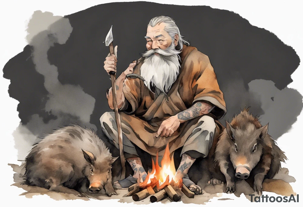 a 55-year-old large Norseman with a grey beard wearing a brown and black tunic sitting by a campfire with his pet boar tattoo idea