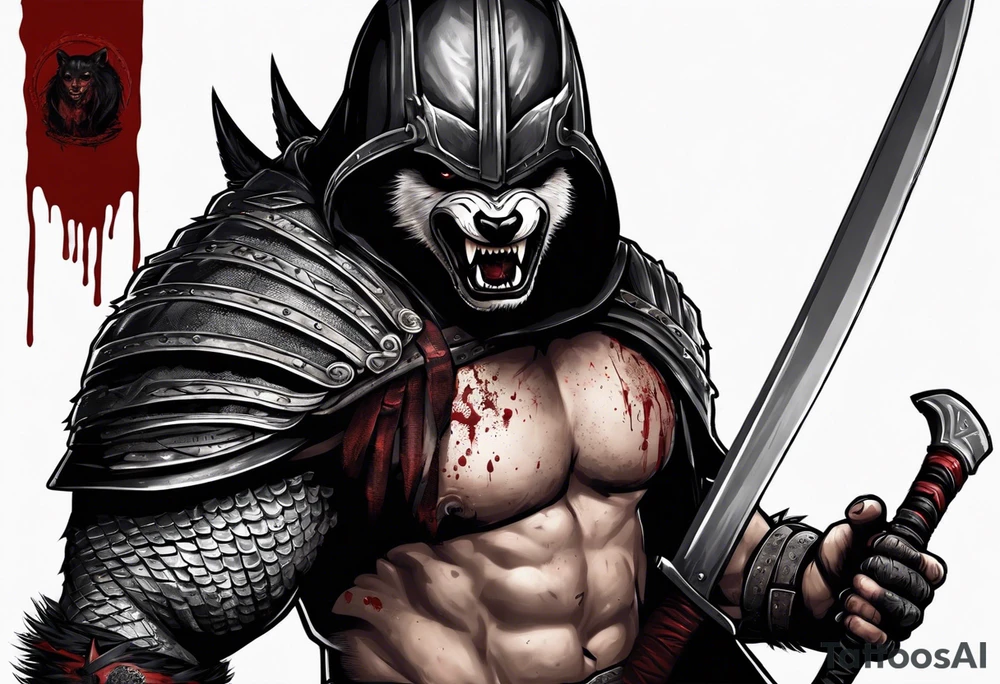 Draw me psychopath Honey Badger/Berserker with aggressive full body, killer face with a scary smile, very long nails and he attacks like a Bloody Assassin/Warrior/Gladiator to us and also, he has very deadly looking. He fights with his nails. Everybody scares after their first sight. Give me horror type Badger Tattoo. I want to see his Realistic full body. tattoo idea
