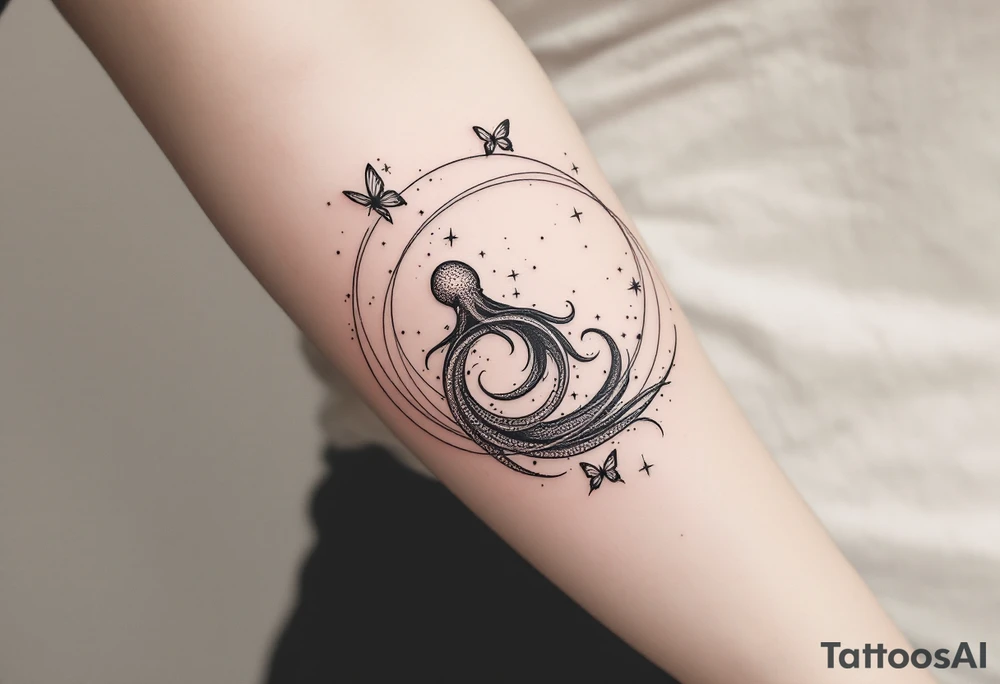 A minimalist dotwork tattoo design in the shape of a spiral galaxy. In the center, a small octopus is subtly integrated into the swirl, with flowing tentacles that extend along the spiral arms. The tentacles transform into elegant, curving lines resembling the flowing tails of koi or betta fish, partially in black ink and partially in fine red lines. Small stars are scattered throughout the galaxy shape, and two delicate butterflies hover near the edges. Style: cosmic abstraction, dotwork, fine line, with elements of Japanese graphic tattoo flow, minimalist, octopus psychedelic dotwork sacred geometry sleeve tattoo idea
