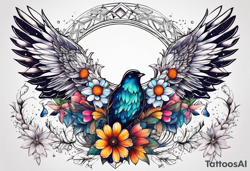 Constellation, wing , snow , géométric , flower tattoo idea