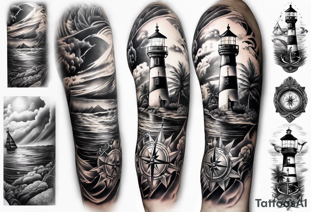 full sleeve tattoo with compass, lighthouse, map of bermuda, longtail bird, crown and anchor dice, lightning in background tattoo idea