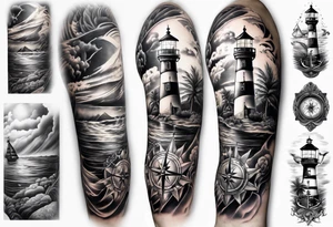 full sleeve tattoo with compass, lighthouse, map of bermuda, longtail bird, crown and anchor dice, lightning in background tattoo idea