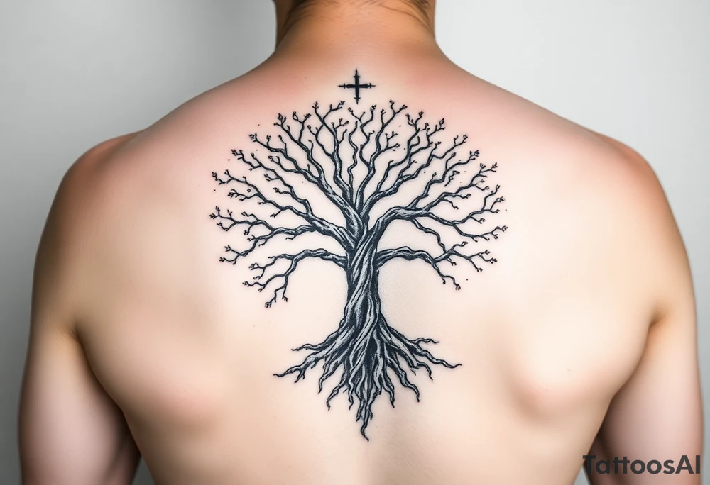 mystical tree of life with cosmic roots and celestial branches tattoo idea