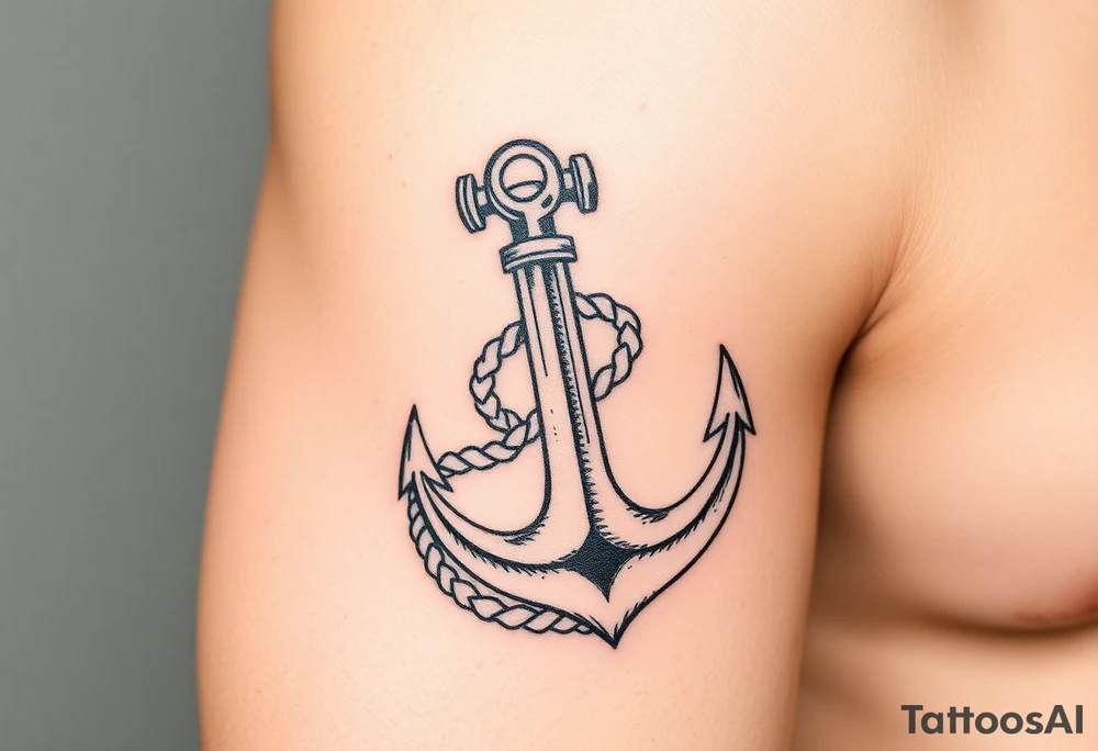 weathered anchor wrapped in nautical rope with sea waves tattoo idea