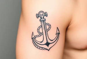weathered anchor wrapped in nautical rope with sea waves tattoo idea