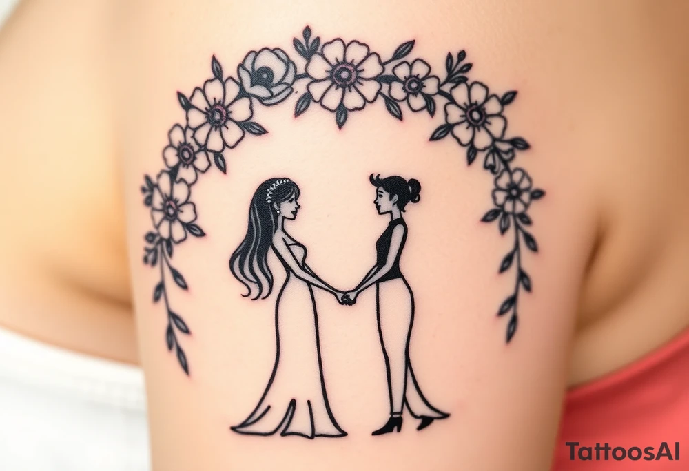 A bride and groom’s silhouettes in black and white, holding hands under a floral arch in blush pink and gold tattoo idea
