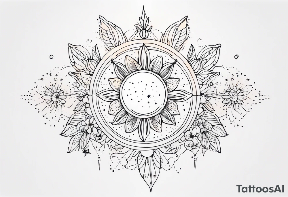 fine line with sun, stars, floral, dots. Sternum tattoo tattoo idea