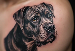 Realistic Portrait Stafford – A highly detailed black-and-gray portrait of a Stafford with expressive eyes and short, shiny fur; ideal for a forearm or chest tattoo. tattoo idea