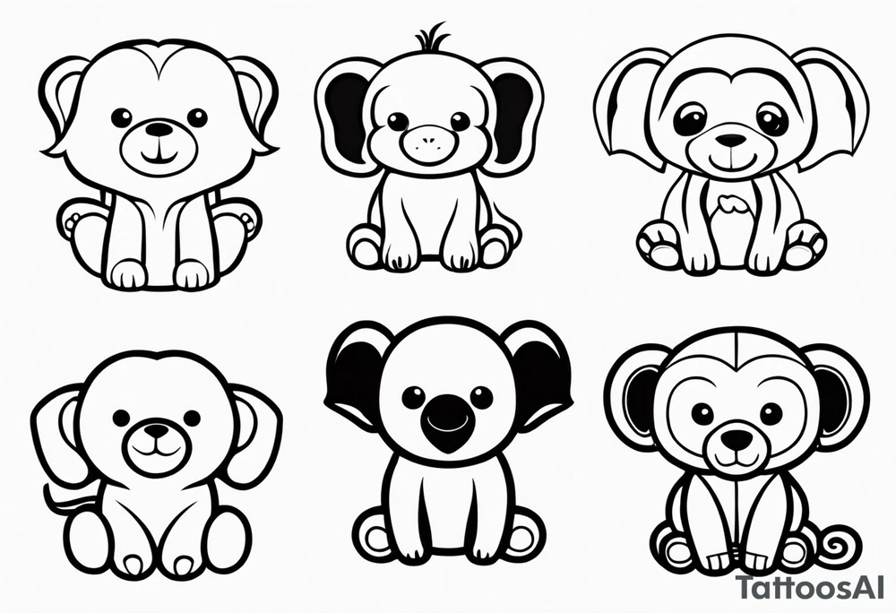 4 baby stuffy toys one is an elephant one is a monkey two are sloths tattoo idea