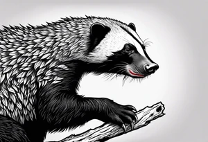 honey badger hanging onto branch, claws near head, gentle face, legs hanging on trying to get over tattoo idea