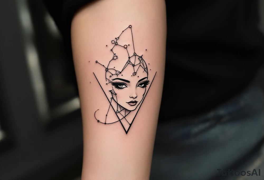 A minimal Virgo constellation in jet black connects above a fine-line portrait of the Virgo zodiac symbol in bronze. tattoo idea