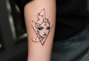 A minimal Virgo constellation in jet black connects above a fine-line portrait of the Virgo zodiac symbol in bronze. tattoo idea