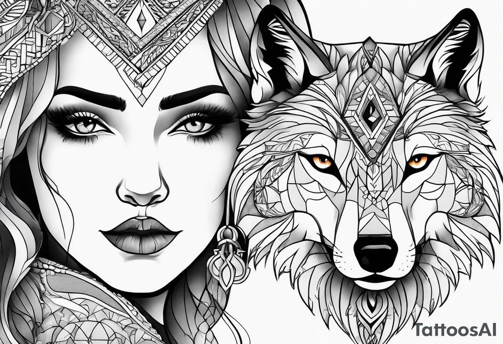 a wolf and a woman with the same eye tattoo idea