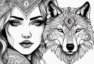 a wolf and a woman with the same eye tattoo idea