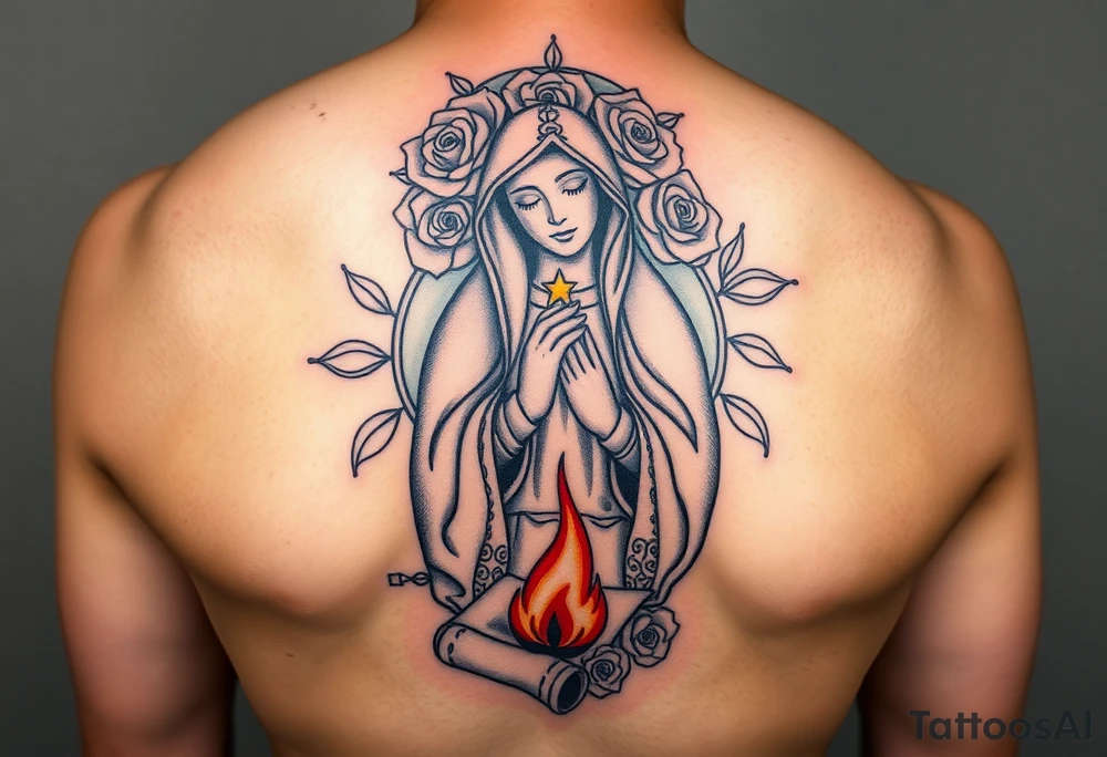 Mother mary with roses around her head, and a burnt up paper under her feet tattoo idea