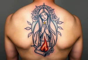 Mother mary with roses around her head, and a burnt up paper under her feet tattoo idea