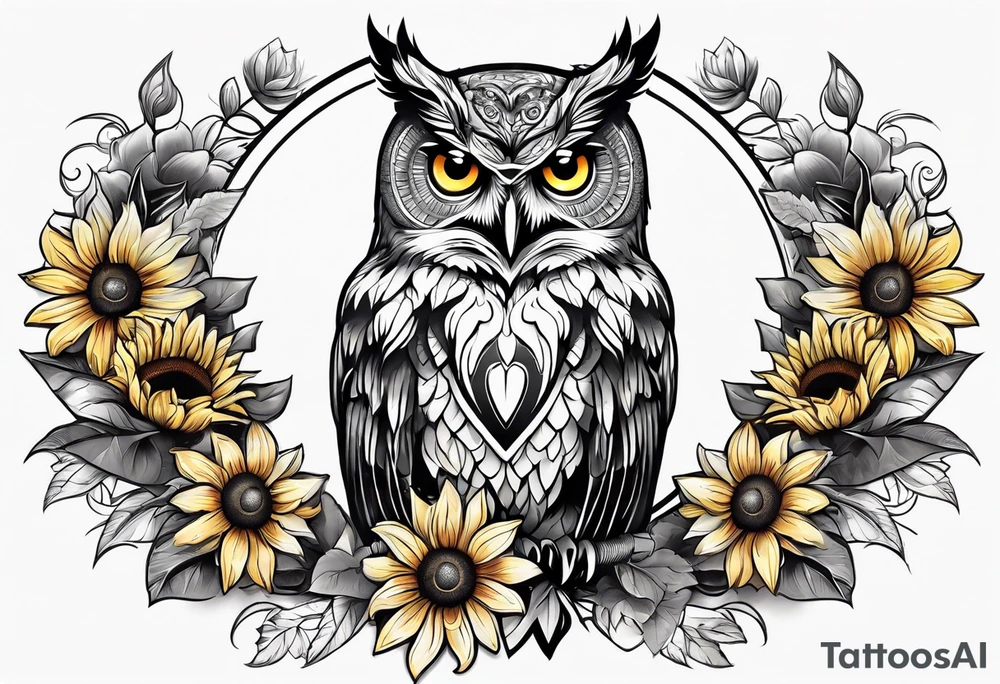 Owl with sunflowers leg sleeve tattoo idea