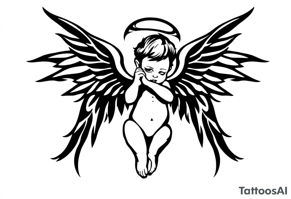 a baby angel with wings holding an ar tattoo idea