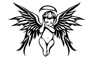 a baby angel with wings holding an ar tattoo idea
