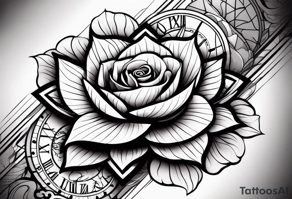 half sleeve forearm tattoo with rose, small clock, lotus flower and dove. white lines wrapped around design tattoo idea