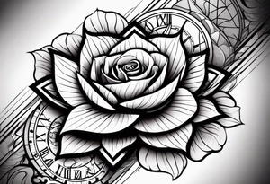 half sleeve forearm tattoo with rose, small clock, lotus flower and dove. white lines wrapped around design tattoo idea