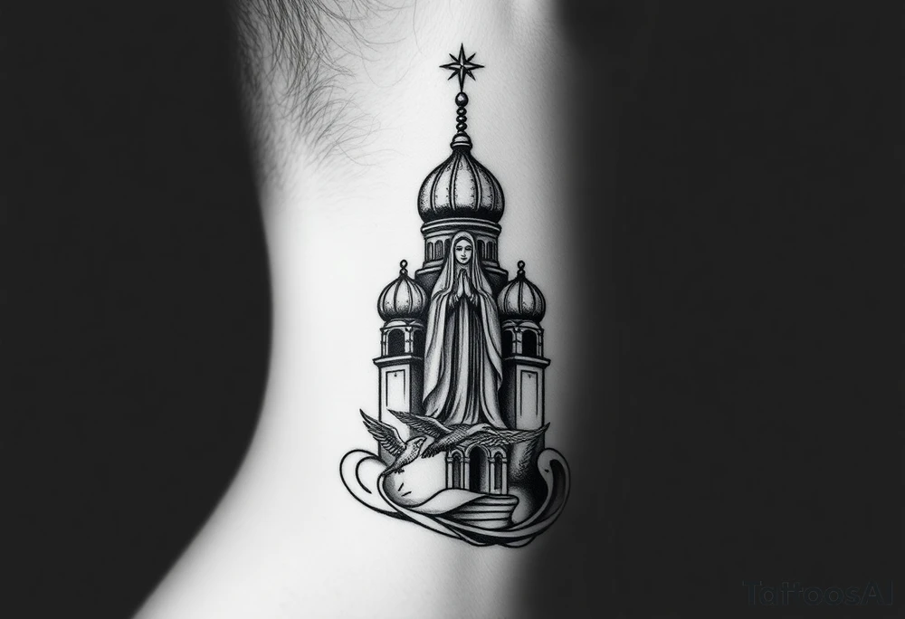 Flowing Scene

A single onion dome rising up toward the ear
Virgin Mary in prayer pose wrapping around the lower neck curve
A small eagle or just the star tucked above the dome near the hairline tattoo idea