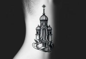 Flowing Scene

A single onion dome rising up toward the ear
Virgin Mary in prayer pose wrapping around the lower neck curve
A small eagle or just the star tucked above the dome near the hairline tattoo idea