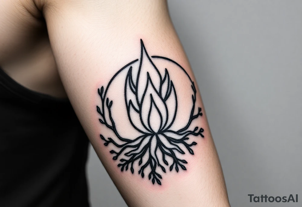 flame in a blooming roots circle tattoo idea